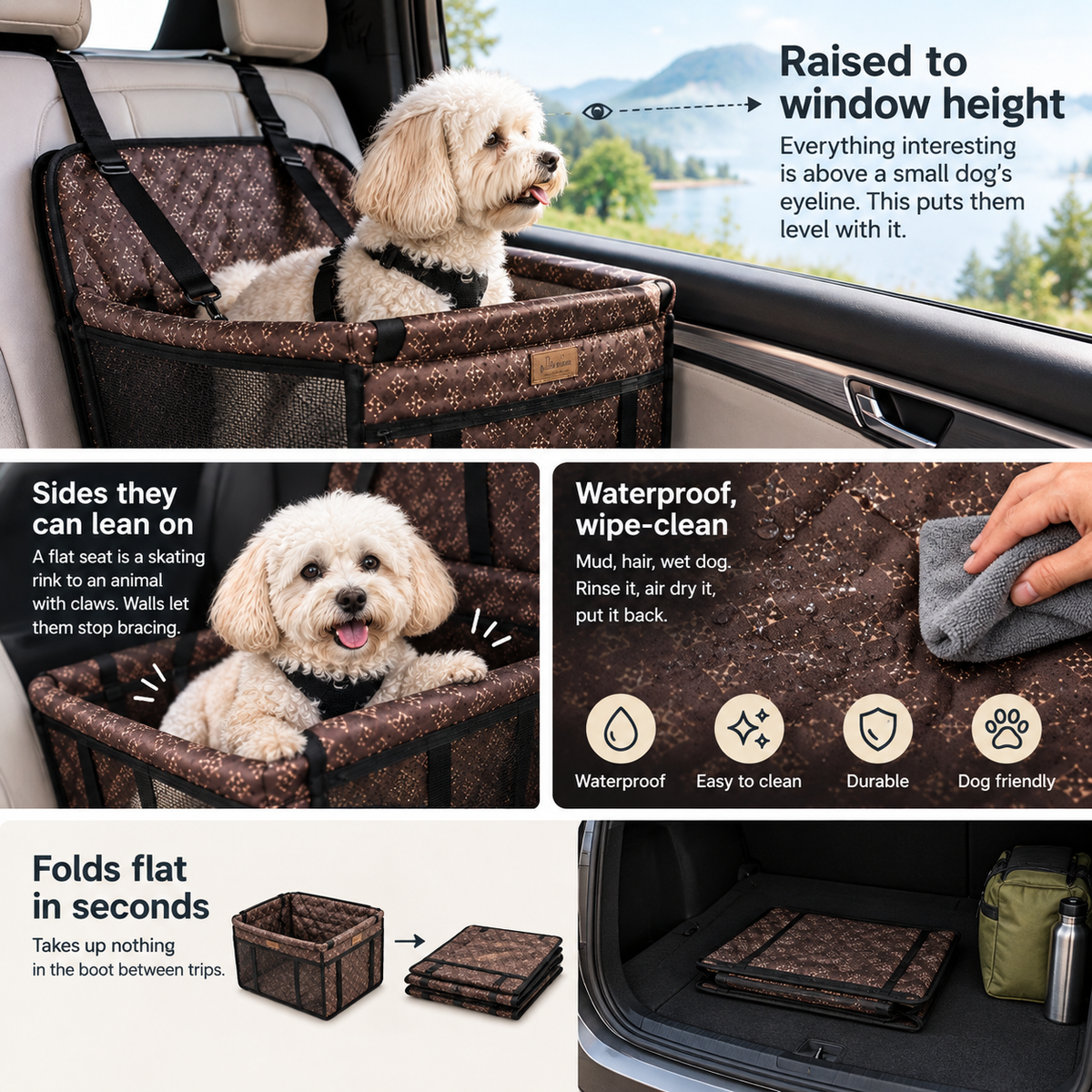 Raised to window height so a small dog can see out. Sides they can lean on. Waterproof, wipe-clean lining. Folds flat in seconds.